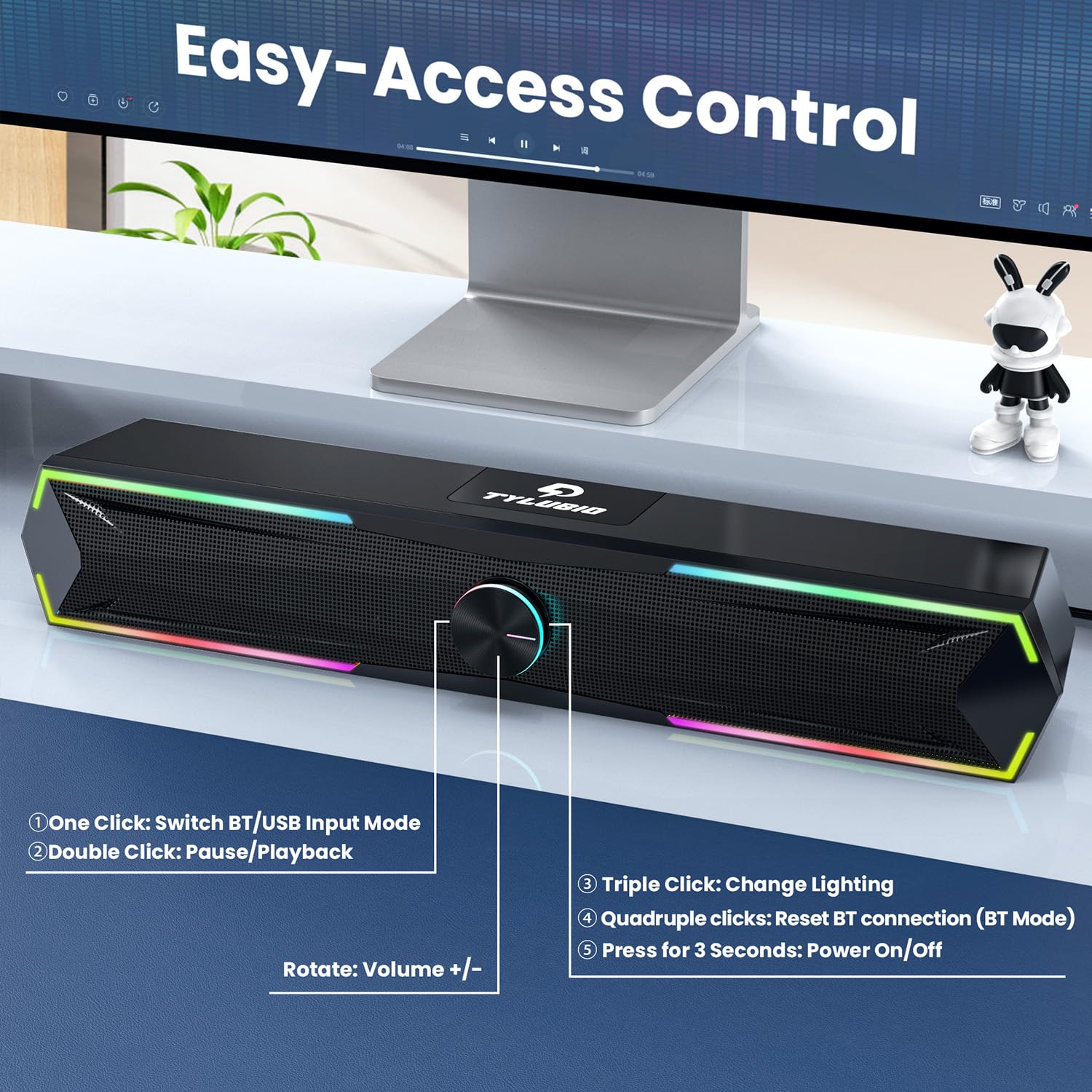 Tylubio Computer Speakers for Pc Desktop with Clear Sound, Flowing LED PC Speaker for Computer Desktop Laptop Monitor, Bluetooth & USB Input