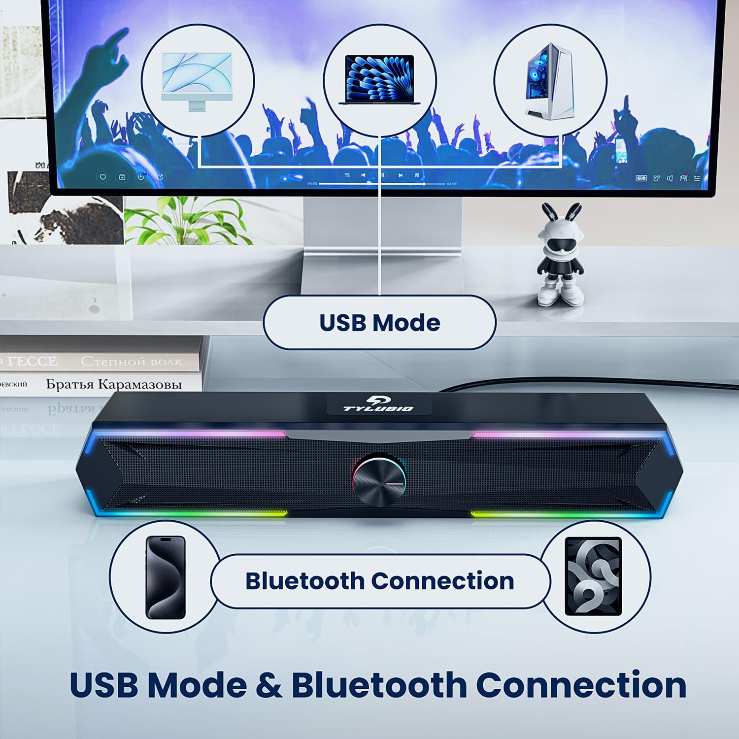 Tylubio Computer Speakers for Pc Desktop with Clear Sound, Flowing LED PC Speaker for Computer Desktop Laptop Monitor, Bluetooth & USB Input